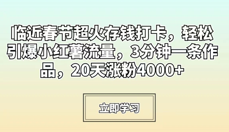 临近春节超火存钱打卡轻松引爆小红薯流量3分钟一条作品20天涨粉4000+【揭秘】